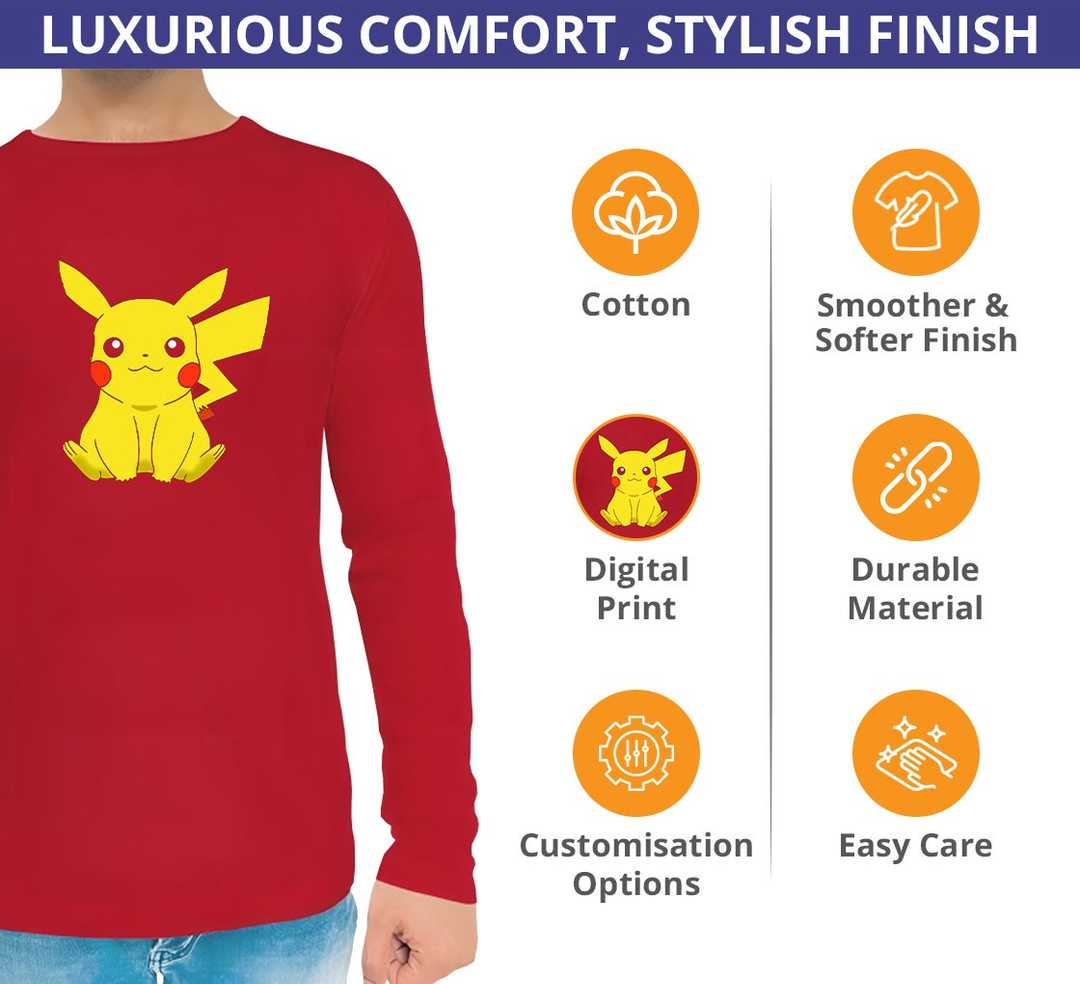 Men's Red Printed Long Sleeves T-Shirt - Crew Neck